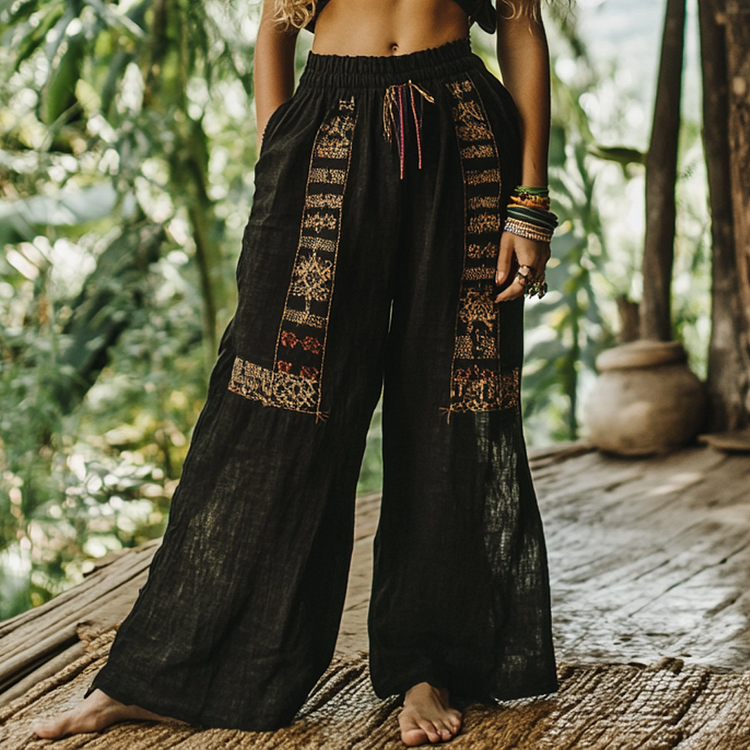 Bohemian Holiday Style Retro Linen Floral Ethnic Totem Print Casual Pants