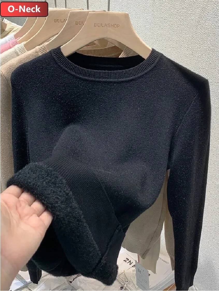 Uveng Warm Sweater Pullover Women Slim Thicken Plush Velvet Lined Knitwear Jumper Korean Half Turtleneck Poleras Soft Knit Tops