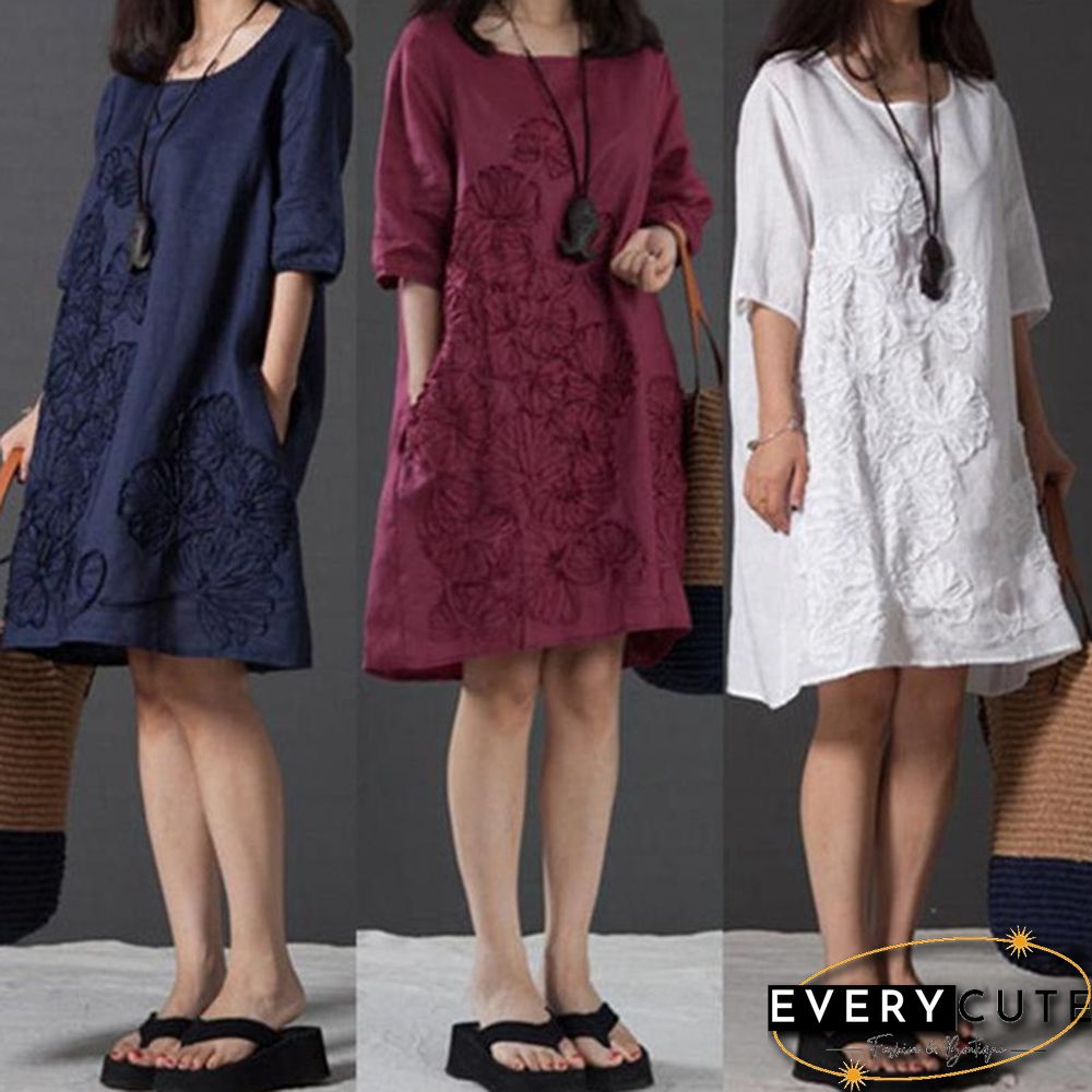 Women Fashion Summer Style T -shirt Loose Cotton Embroidered Casual Dress Plus Size Ladies Linen Dress