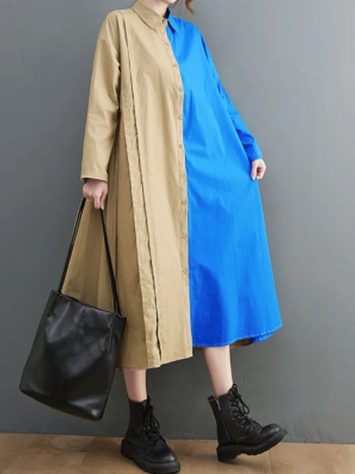 Fashion Two Tone Patchwork Shirt Cotton Linen Dress