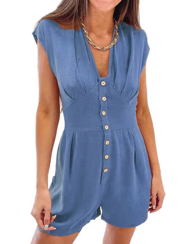 Women plus size clothing Button-Paneled Short-Sleeve Shorts Jumpsuit-Nordswear