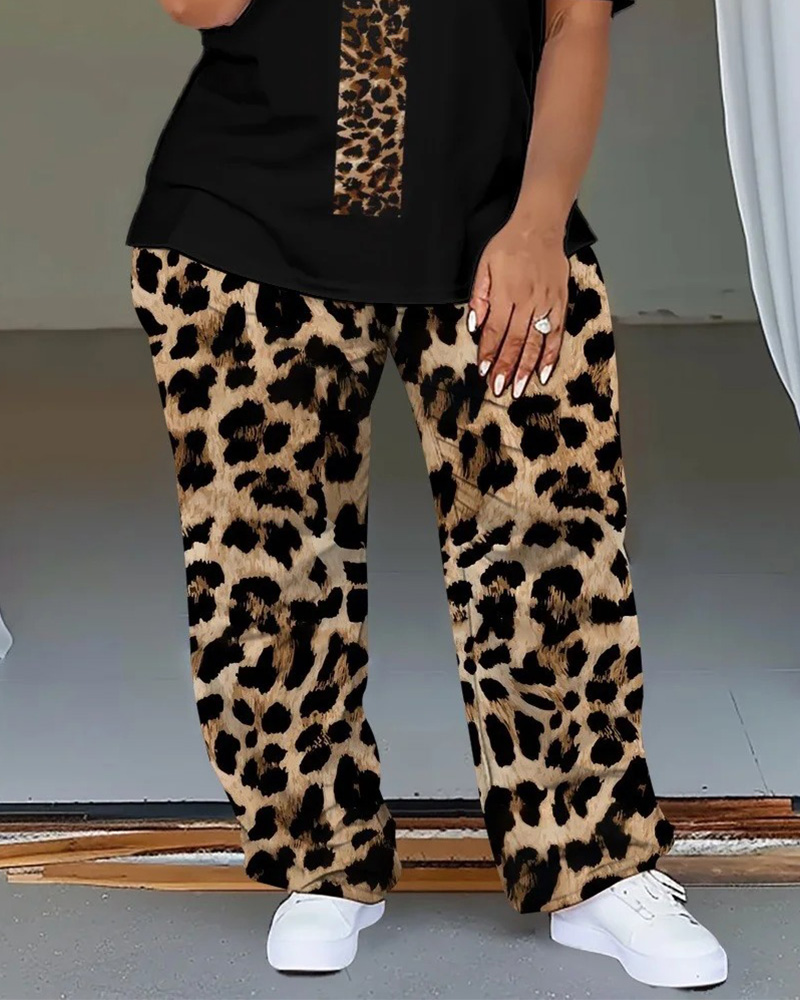 Women's Plus Size Cross Leopard Print T-Shirt and Trousers Suit