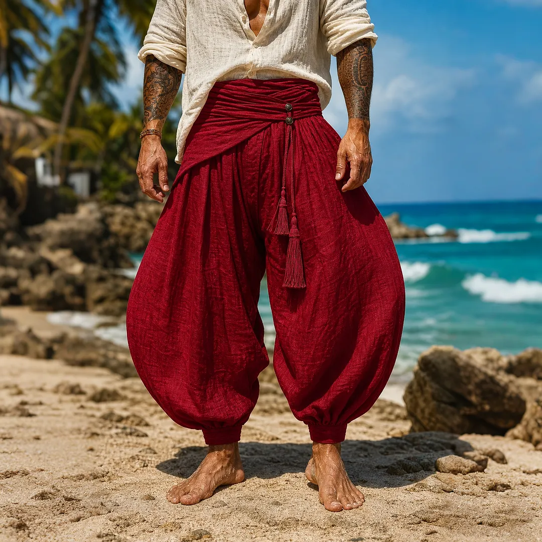 Cotton-Linen Blend Red Harem Pants For Men &ndash; Loose Fit, High-Waisted, Bohemian Style Beach Trousers-INSPIREUSE
