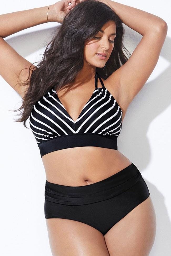 Plus Size Striped High Waisted Halter Bikini - Two Piece Swimsuit-elleschic