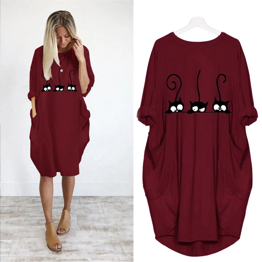 Autumn Dress Women Fashion Cat Print O Neck Long Sleeve Loose Elegant Party Ladies Dresses Plus Size Casual Midi Dress Vestidos