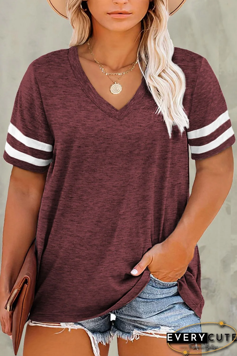 Rust Plus Size Stripes Stitching Sleeve V Neck T-shirt