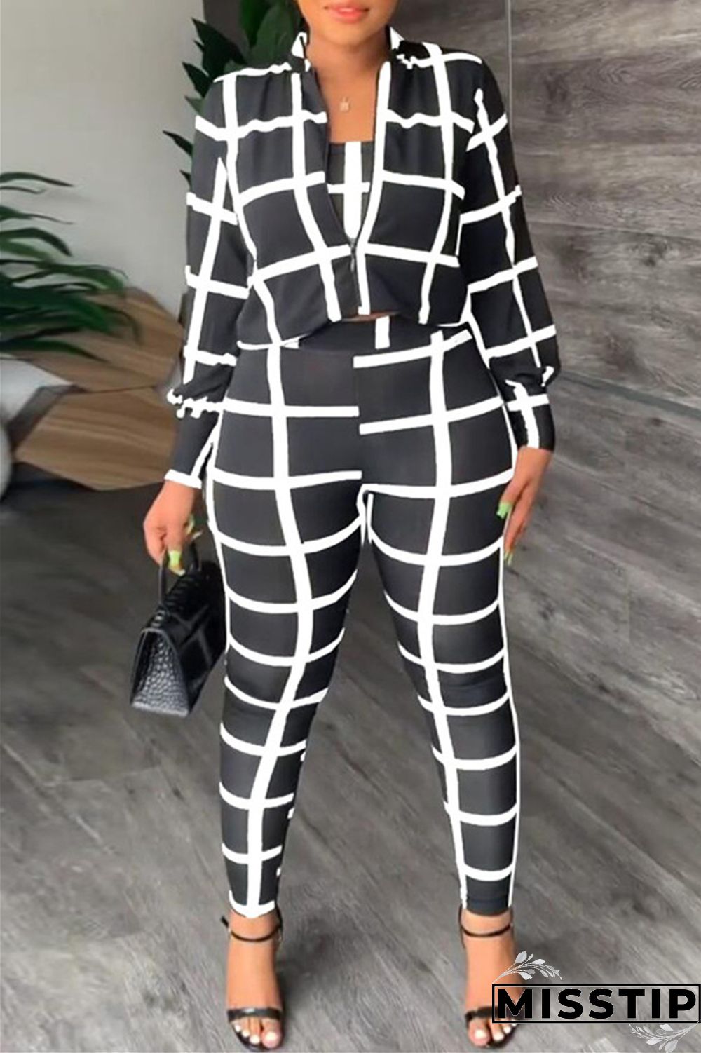 Black Casual Print Patchwork Turndown Collar Long Sleeve Three-piece Set