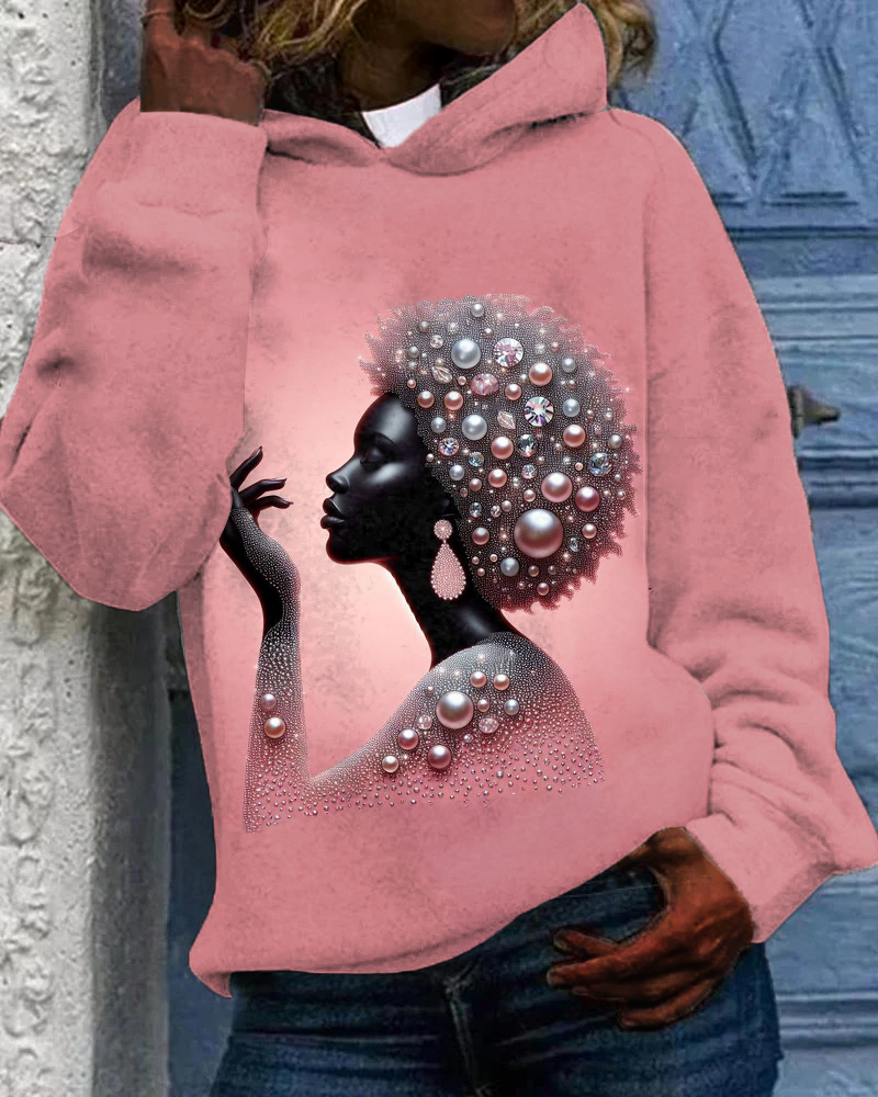 Women's Fashion Pink Pearl Earrings Girl Art Print Long-sleeved Hoodie