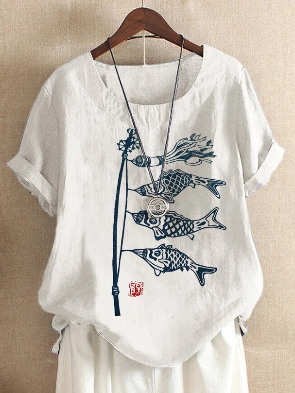 Women's Japanese Fish Koinobori Windsock Art Print Tee