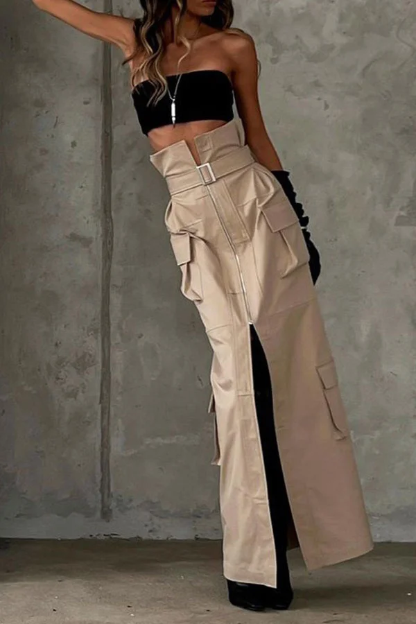 Solid Color Belted High Waist Cool Multi Pocket Skirt