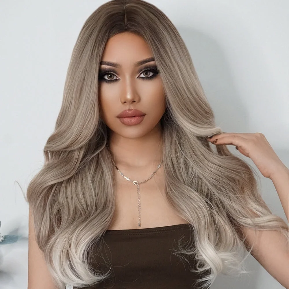 【B10】HAIRCUBE Long Blonde Wigs for Women,Ombre Wavy Synthetic Curly Hair Wig