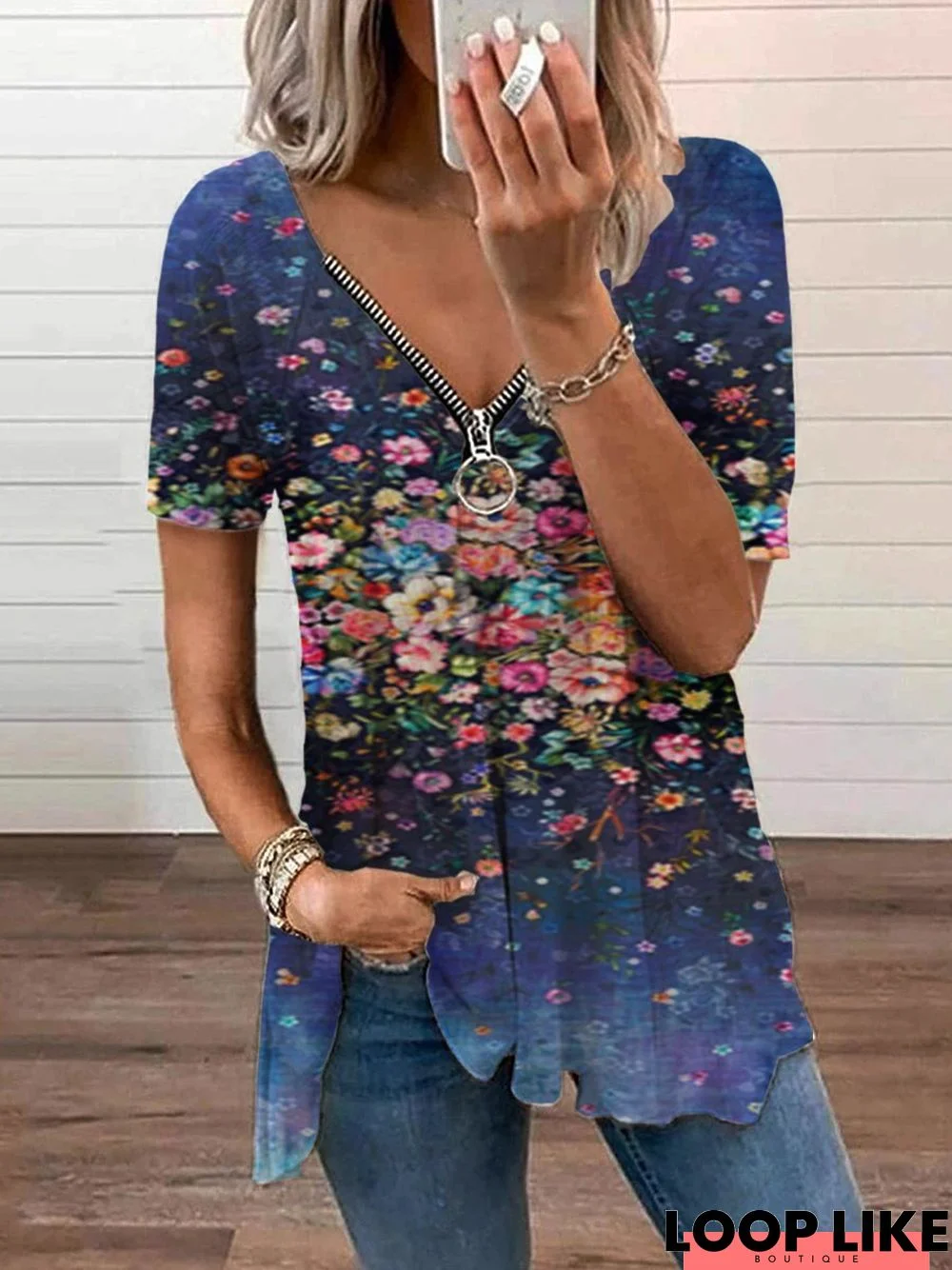 Polyester Cotton Short Sleeve Floral V Neck T-shirt