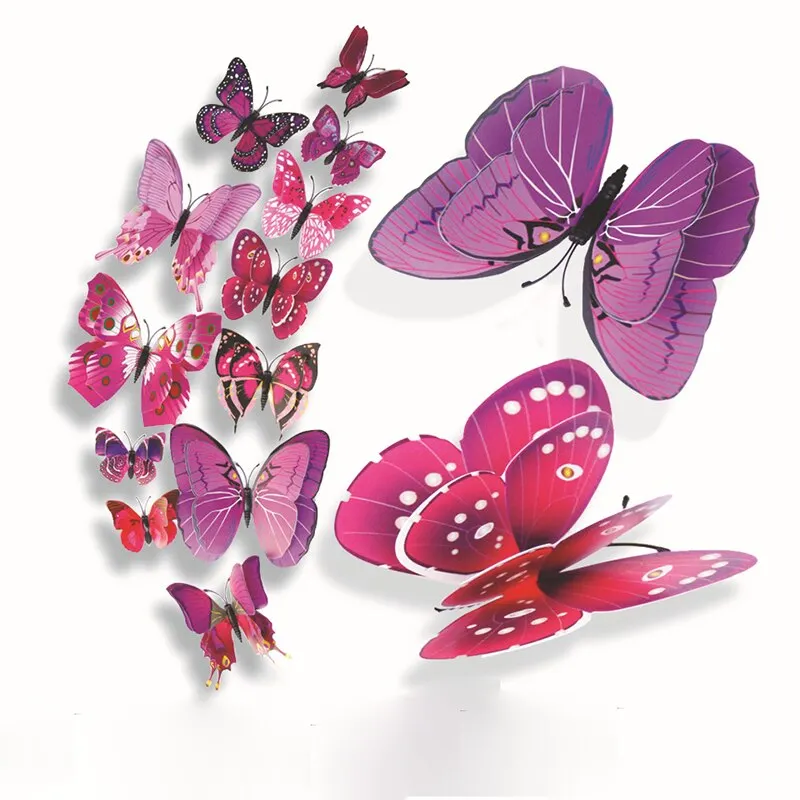 12pcs/lot Plain color 3D stickers Simulation butterfly double wings Modern home decor Background wall painting Magnetic+Glue