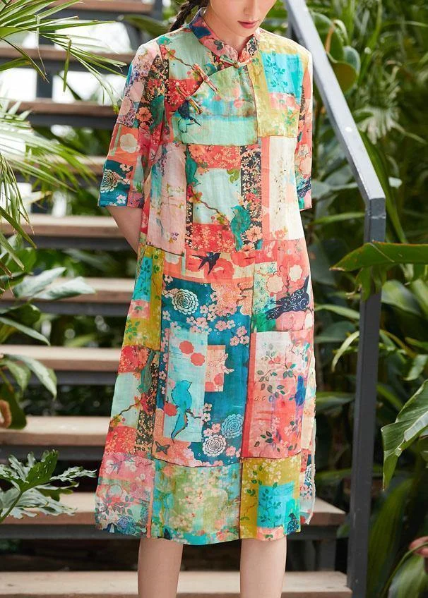 French floral linen clothes stand collar half sleeve shift summer Dresses