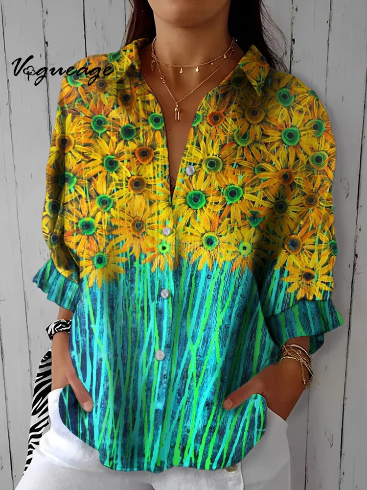 Beautiful Watercolor Yellow Floral Lantern Sleeves Printed Cotton And Linen Shirt