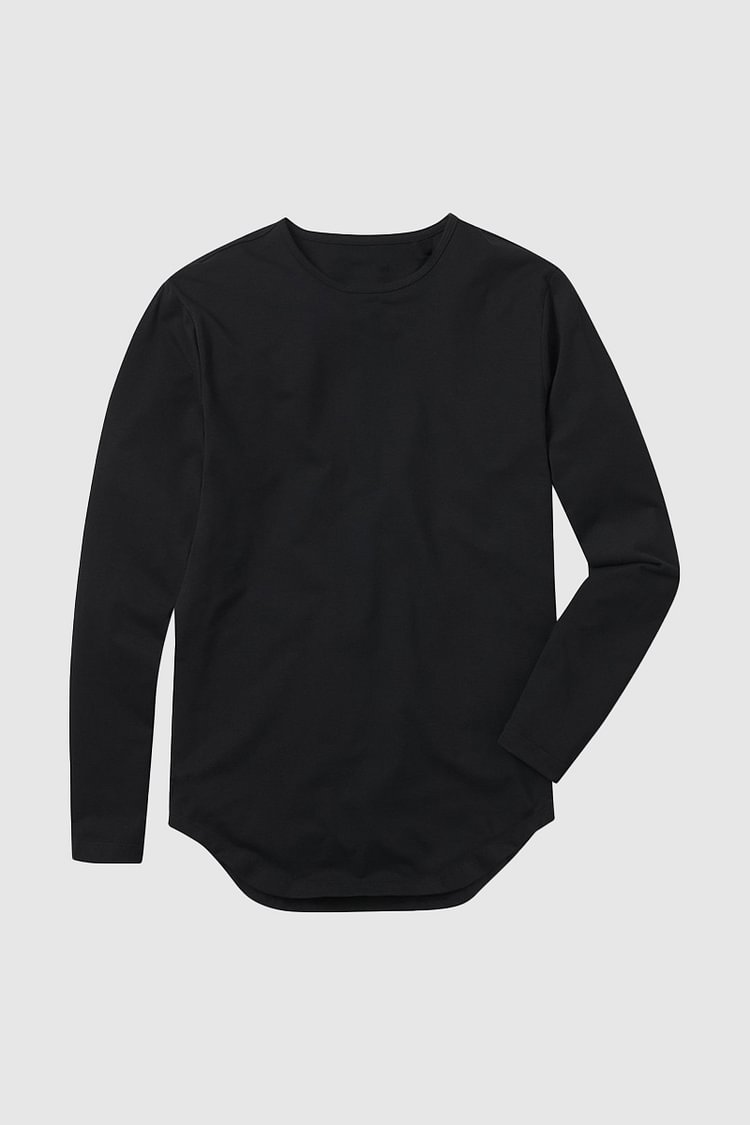 BrosWear Casual Men's Black Color Long Sleeve Irregular Hem T-shirt