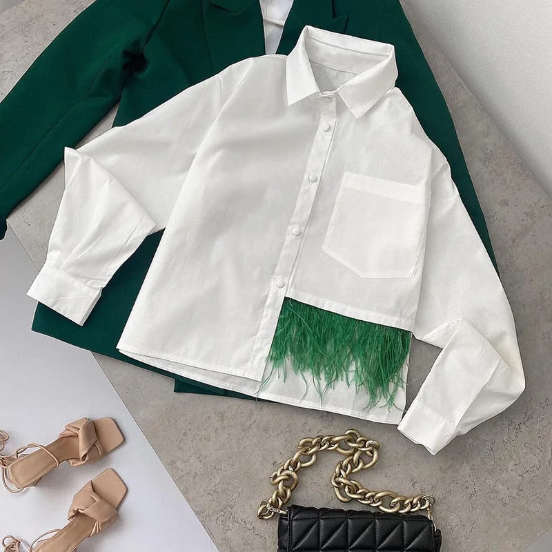 Back to school  Casual Long Sleeve Feather Patchwork White Shirt Women Spring Button Up Lapel Chic Blouse Streetwear Simple Crop Top Oversized