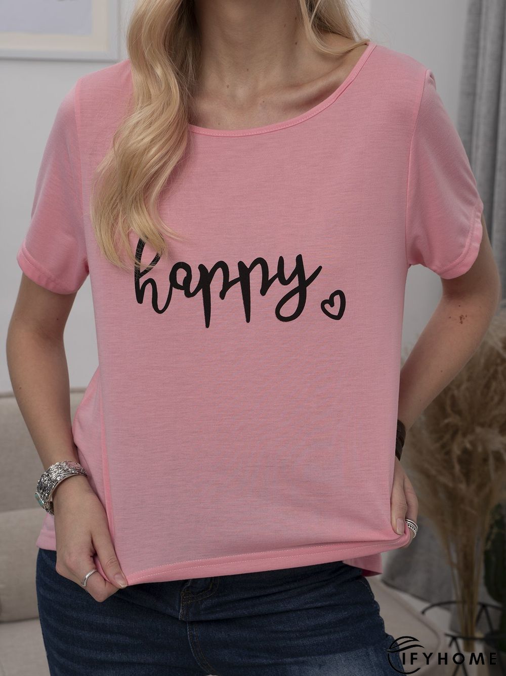 Plus Size Women Short Sleeve Happy Floral Casual Tops | IFYHOME