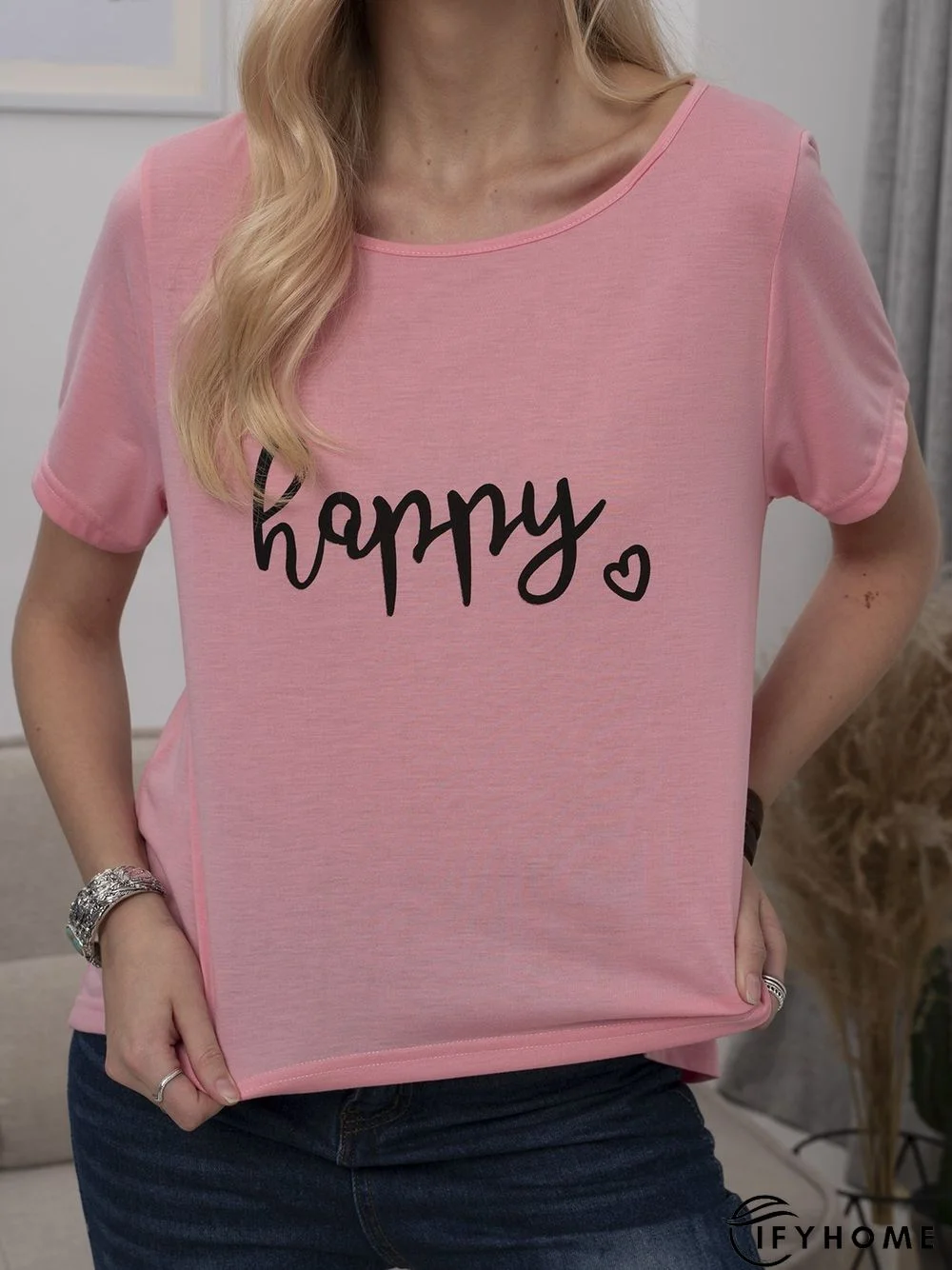 Plus Size Women Short Sleeve Happy Floral Casual Tops | IFYHOME