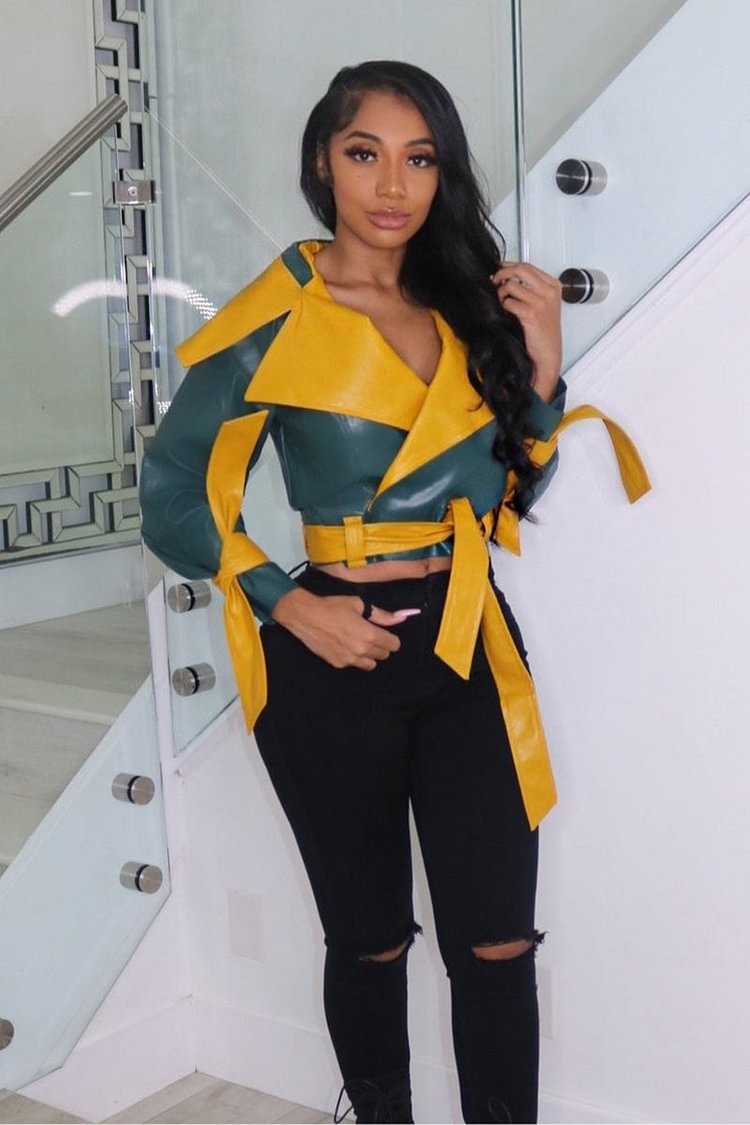Autumn Faux PU Leather Jacket Blockcolor Bomber Coat