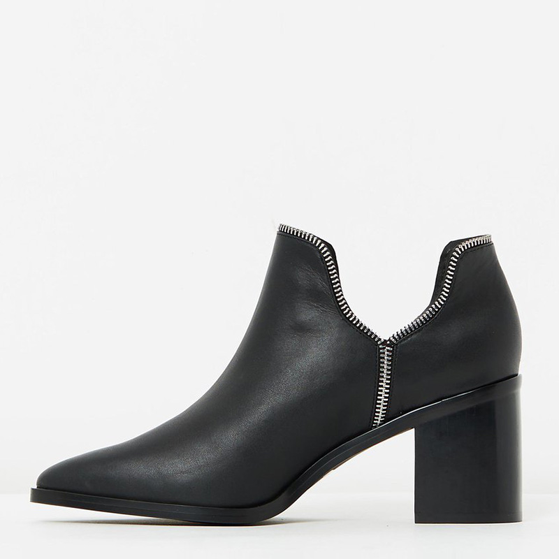 TAAFO Black Pointed Toe Ankle Boots Woman High Square Heels Zip-tooth Trim LargeLadies Casual Booties Shoes 