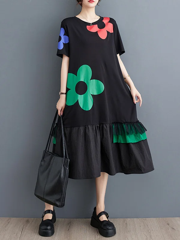 Split-Joint Floral Printed Short Sleeves Loose Round-neck Midi Dresses