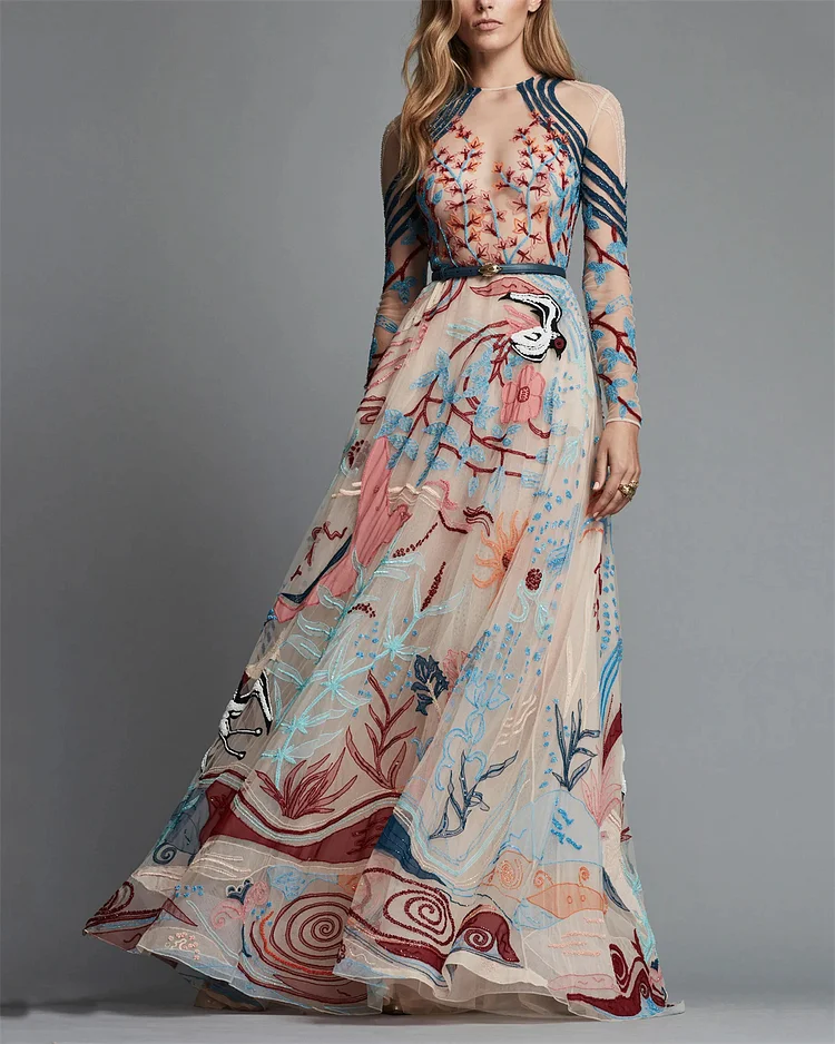 Women's Round Neck Long Sleeve Mesh Embroidery Dress
