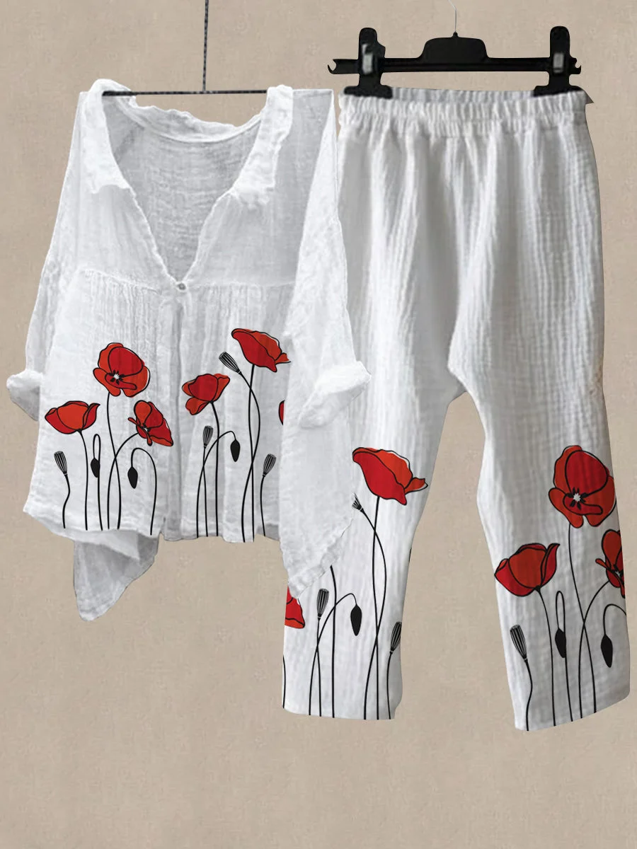 Linen Women's Lotus Print Casual Two Pieces Set
