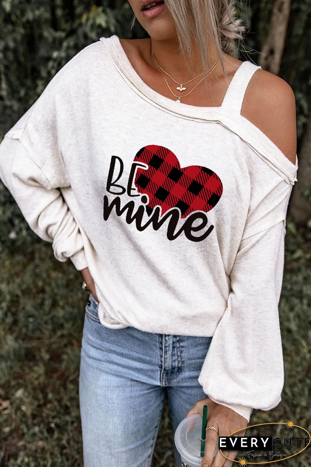 Buffalo Plaid Heart Print BE mine Asymmetric Cold Shoulder Top