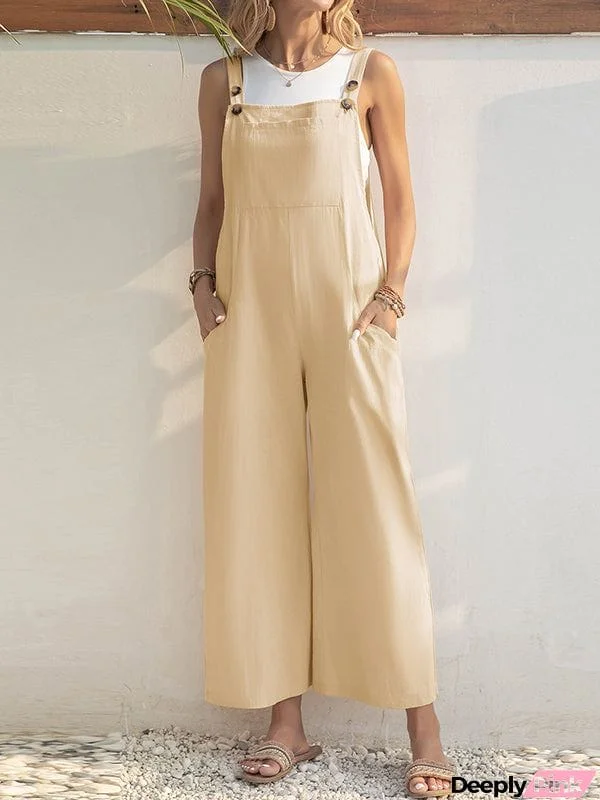 Loose Wide Leg Solid Color Square-Neck Overalls