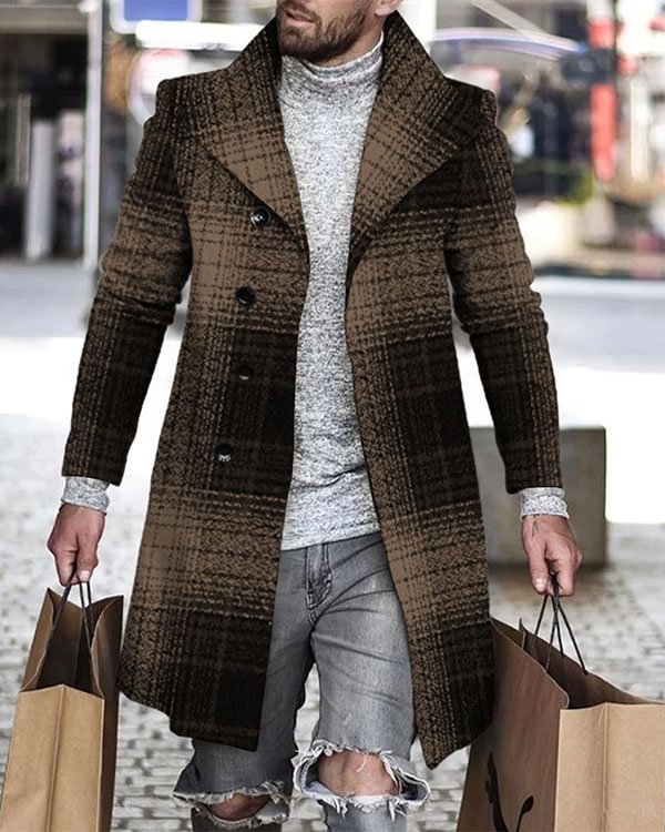 Men's Checked Abstract Pattern Long Sleeve Midi Cardigan Trench Coat