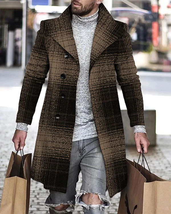 Men's Checked Abstract Pattern Long Sleeve Midi Cardigan Trench Coat-