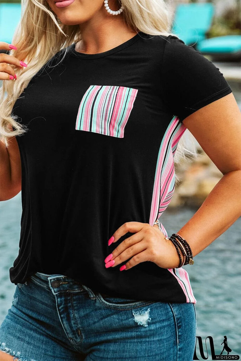 MidiSono - Colorful Serape Striped Splicing T-shirt