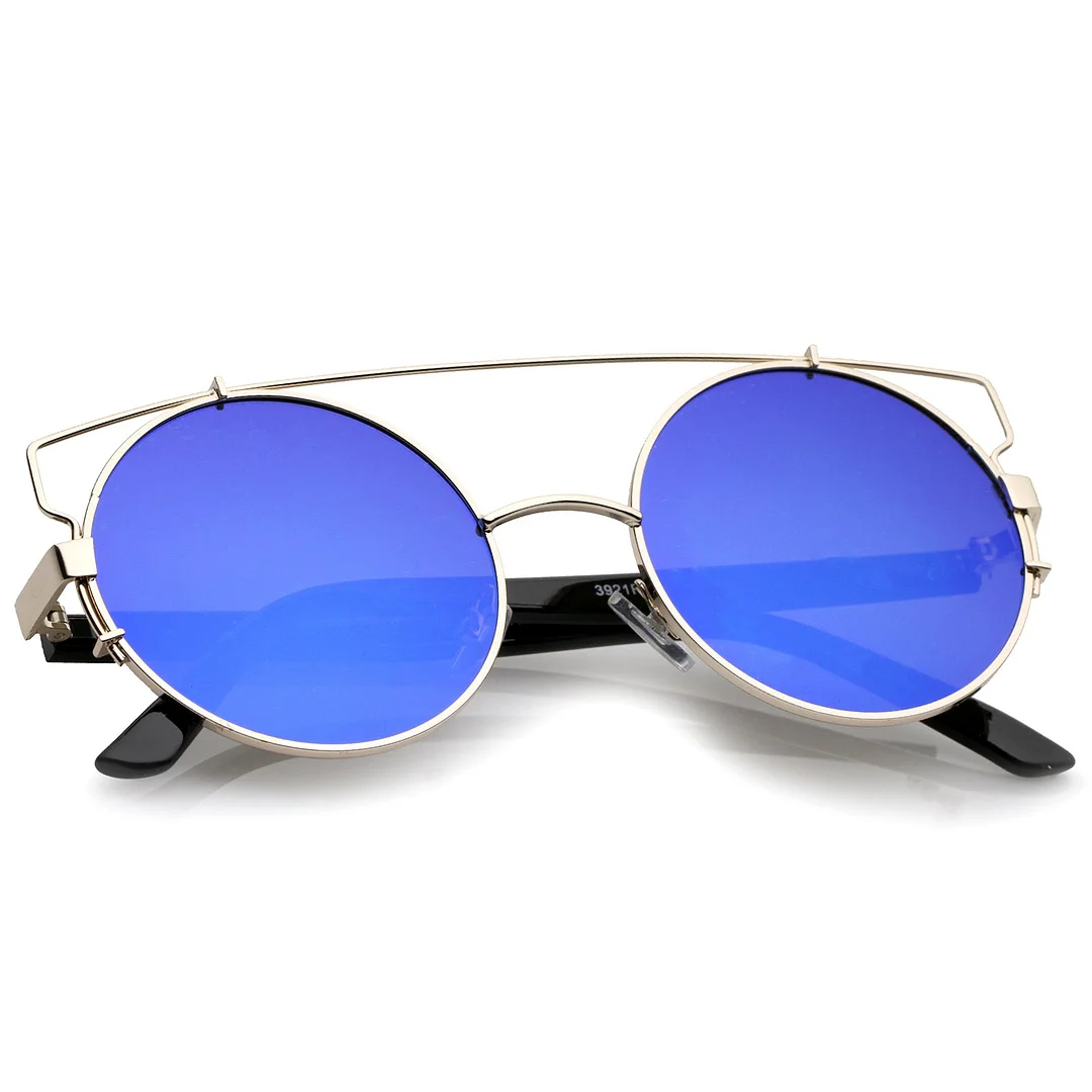 Midsize Metal Frame Horn Rimmed Crossbar Mirror Flat Lens Round glasses 53mm