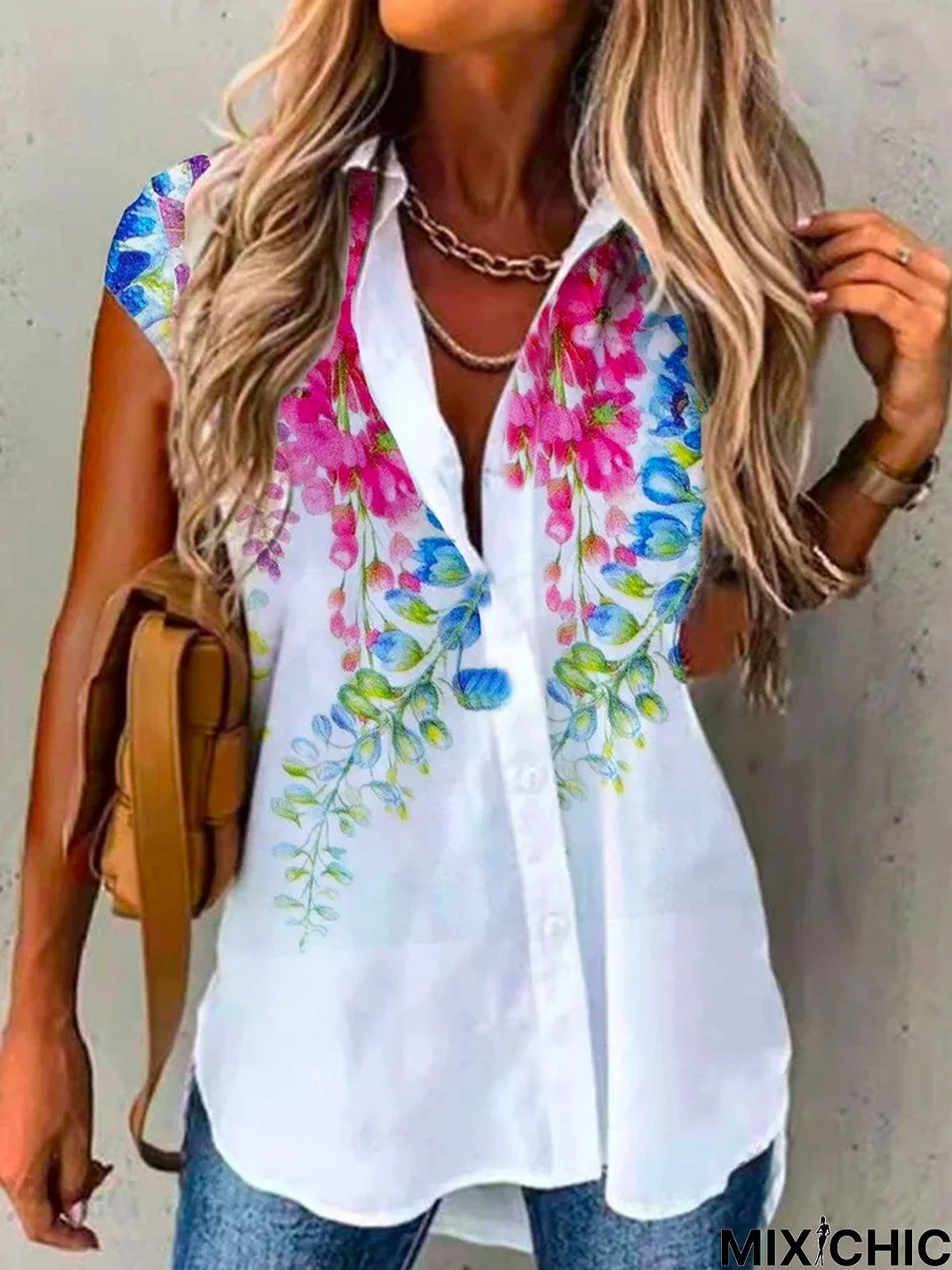 Loosen Floral Shirt Collar Casual Short Sleeve Blouse