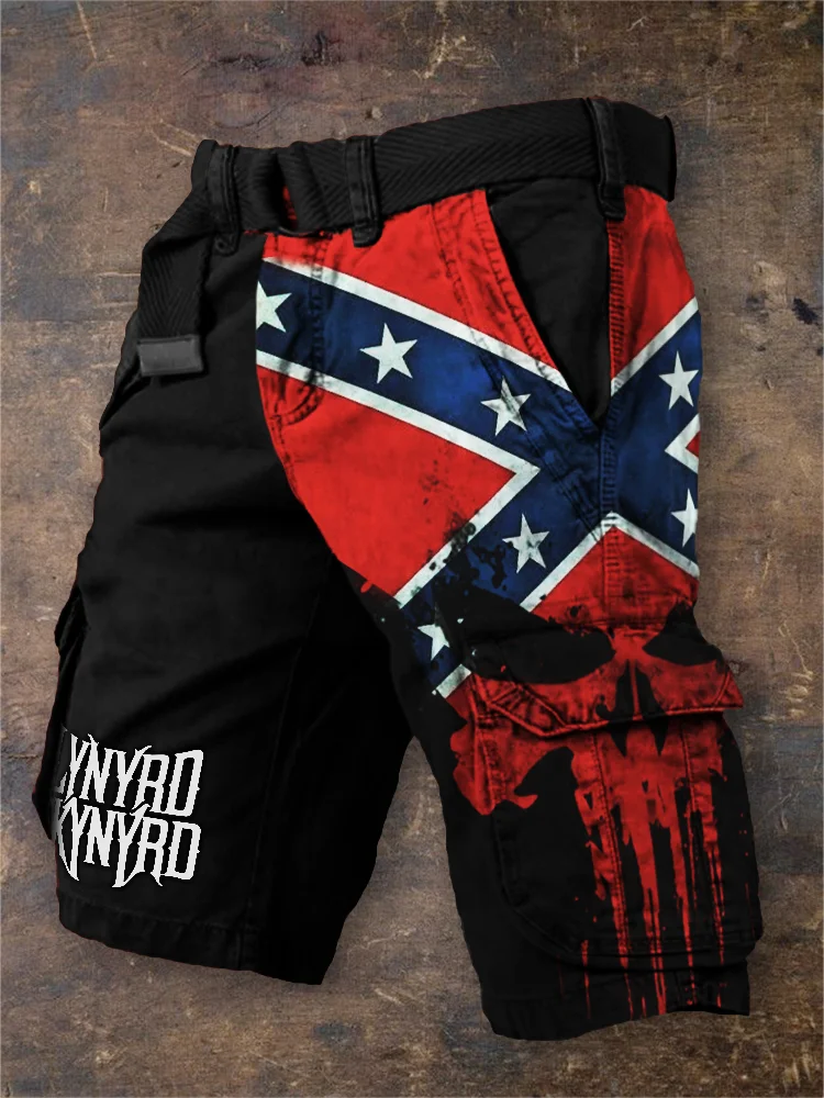 Men's Southern Rock Band Rebel Flag Skull Cargo Shorts