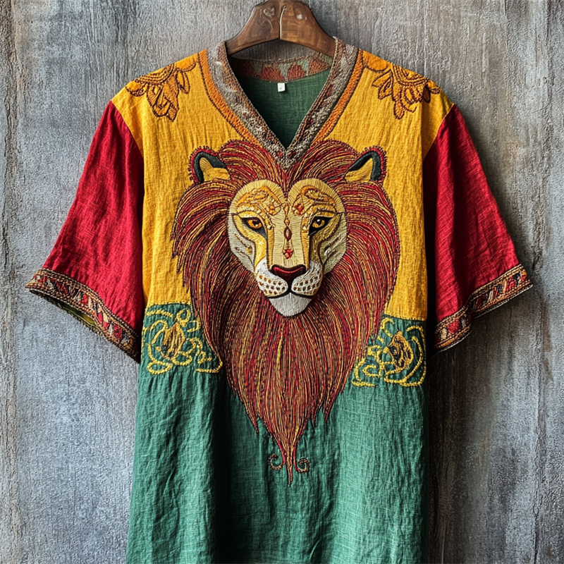 Men's African Tribal Lion Folk Embroidered Rasta Colorblock Linen Shirt