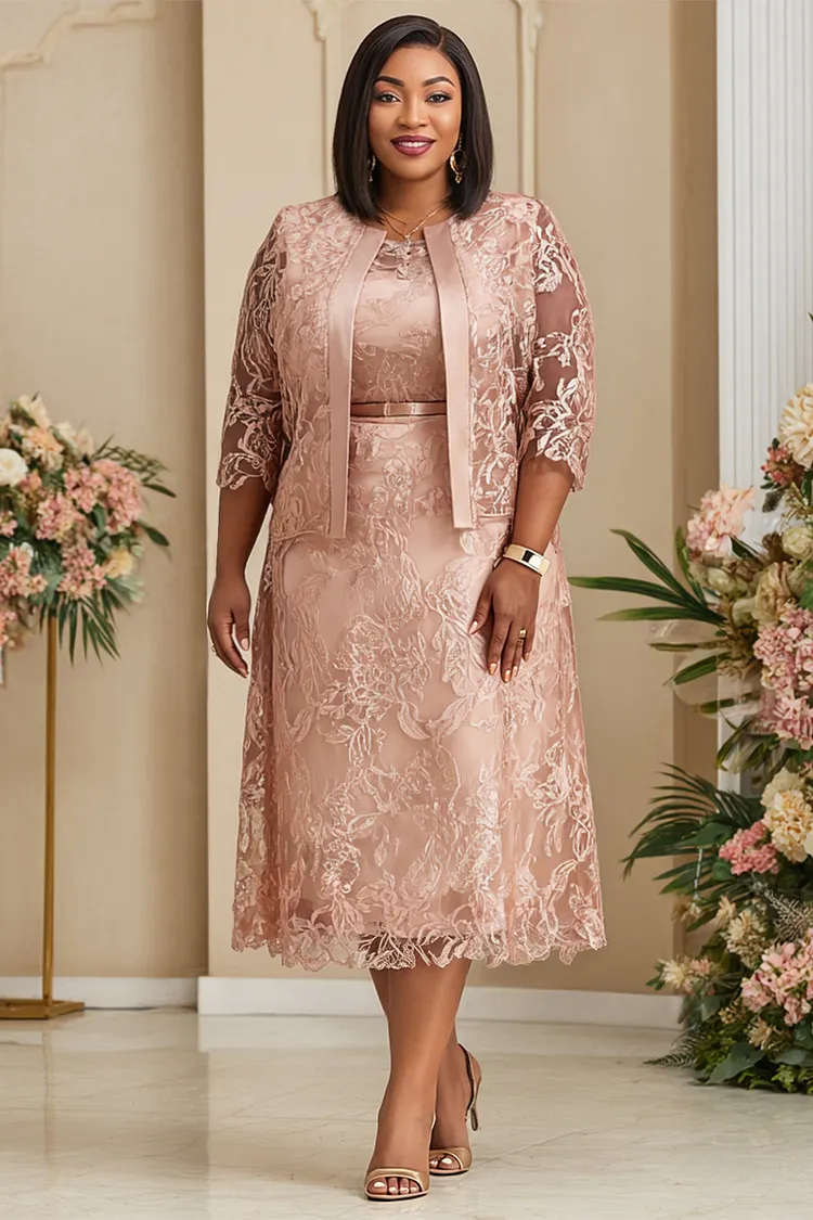 Xpluswear Design Plus Size Formal Pink Round Neck Half Sleeve See Through Lace Two Piece Dress Set [Pre-Order] 2024 - Xpluswear