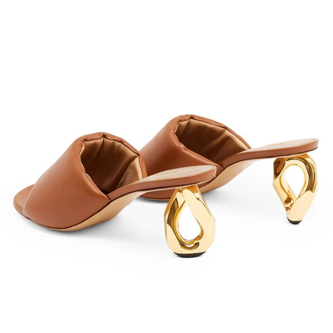 YDN Brown Vegan Leather Open Toe Gold Decorative Heeled Mules