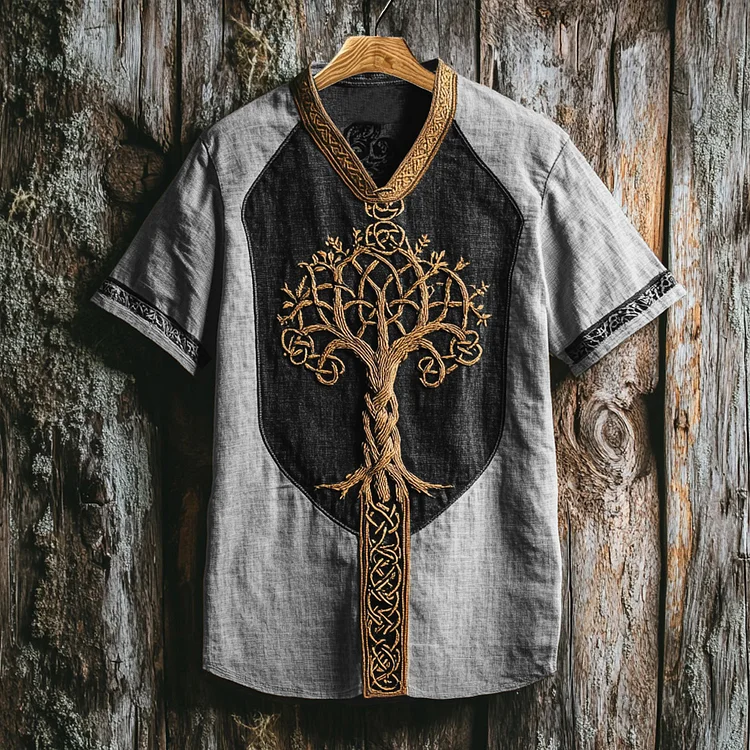 Men's Viking Life Of Tree Celtic Knot Art Linen V-neck T Shirt
