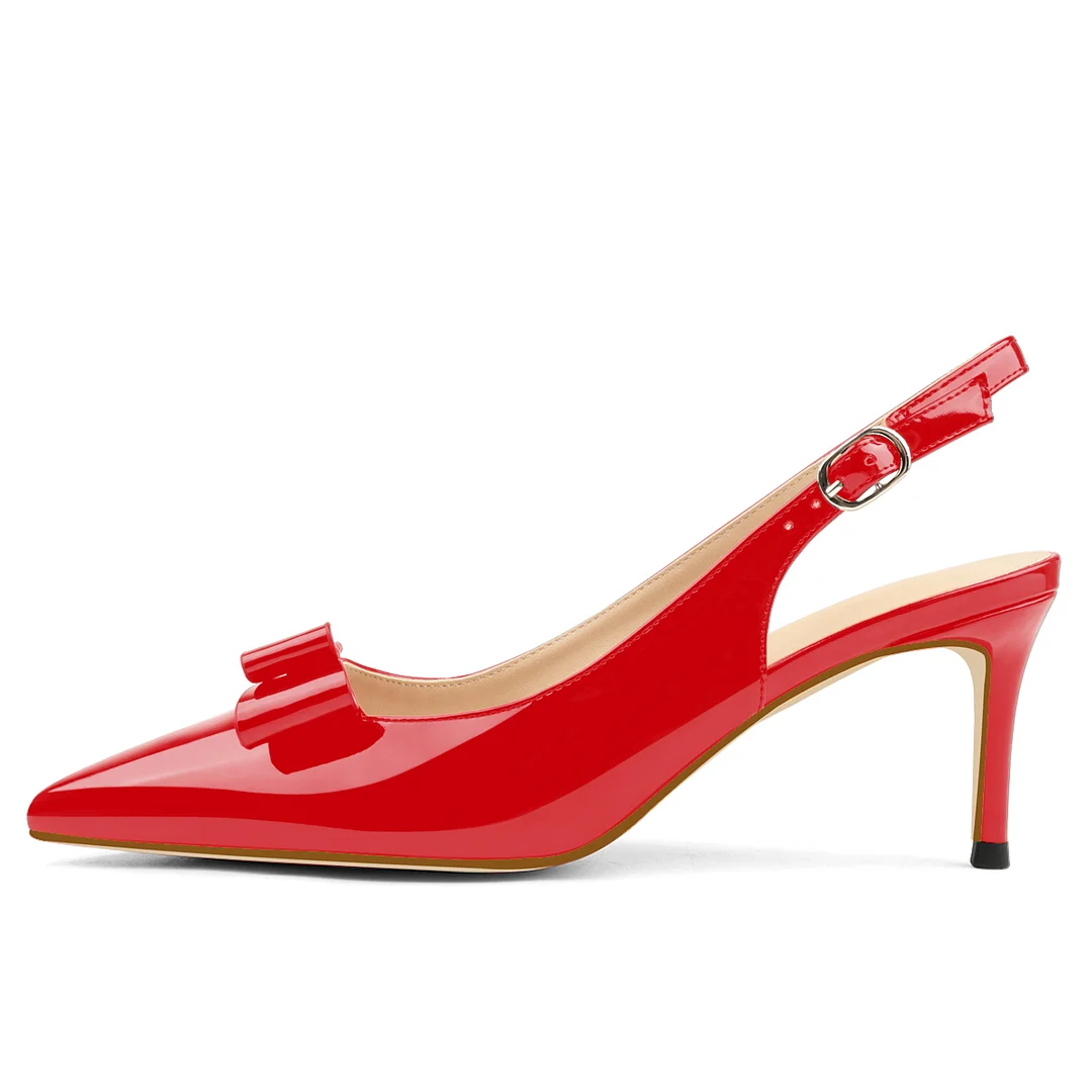 6.5cm /2.55 inch Pointed Toe Bows Slingback Buckle Pumps Kitten Patent Heels