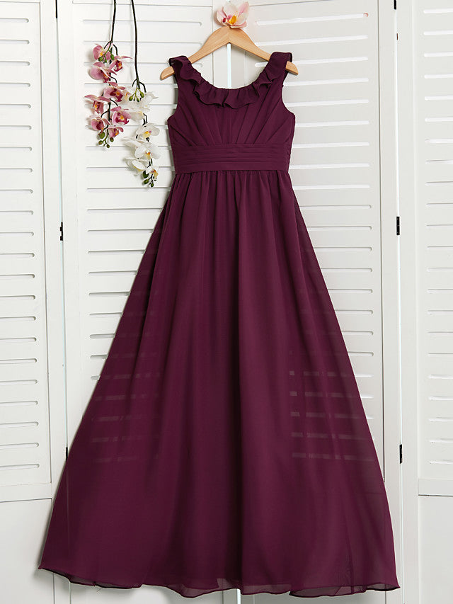 Oknass A-Line Jewel Neck Floor Length Chiffon Flower Girl Dress With Ruffles Ruching