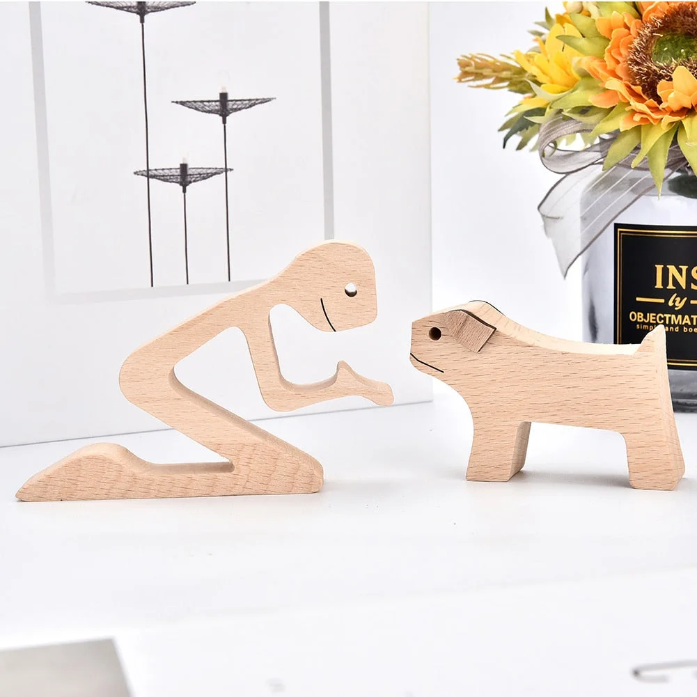 Family Puppy Wood Dog Craft Figurine Desktop Table Ornament Carving Model Creative Home Office Decoration Love Pet sculpture 515
