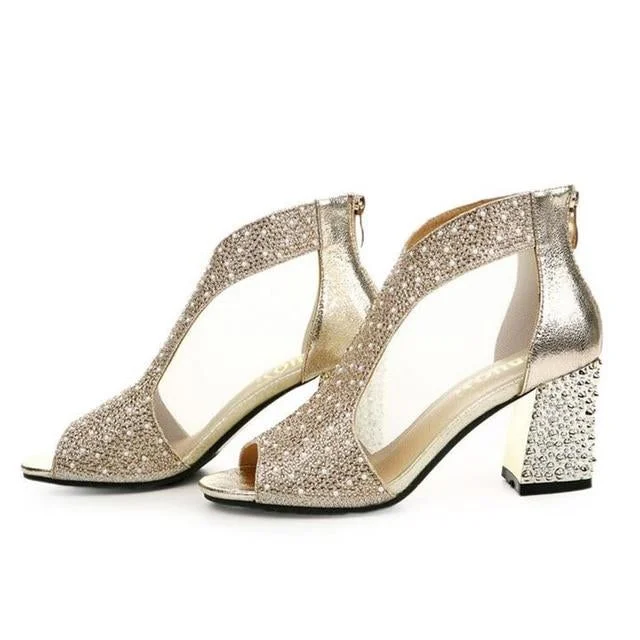Women Bling 7Cm High Heels Diamond Square Heel Sandals