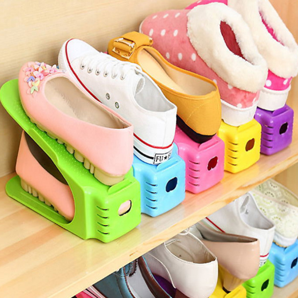 Simple Shoes Rack Solid Color Plastic Double Adjustable Layer Stereo Receive Shoes Storage Hanger Saves Pace  HG99