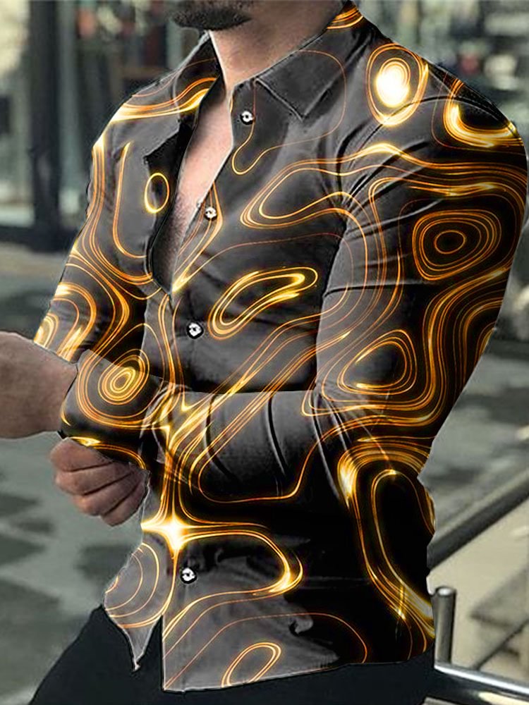 Casual Gold Pattern Printed Long Sleeve Men's Shirt