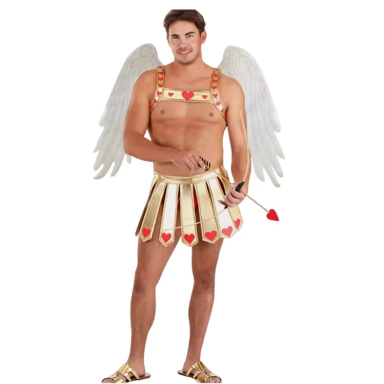 Adult Men Roman Love God Cupid Golden Outfits Wings Costume Halloween Carnival Party Suit