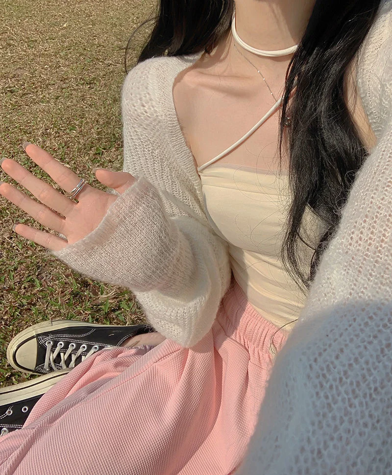 Uveng Uveng Neck Top Female Pure Lust Wind Hot Girl Tight Short Mesh Yarn Irregular Sling Vest Set On The Bottom Shirt Summer