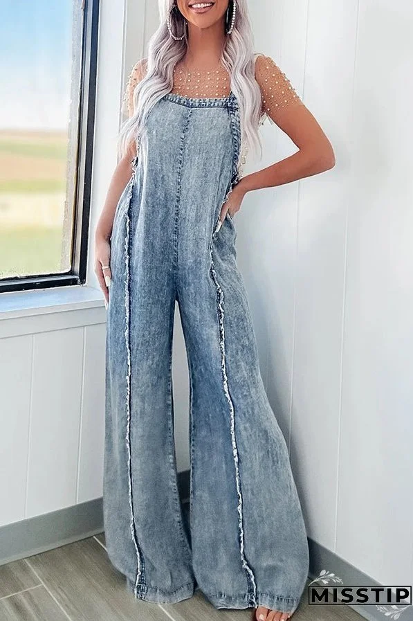 Vintage Washed Denim Raw Edge Elastic Waist Wide Leg Jumpsuit