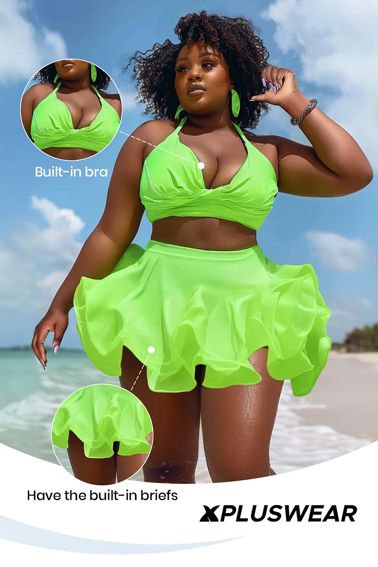 Xpluswear Design Plus Size Beach Lime Green Ruffle Swimsuit Fabric Two Pieces Swimsuit [Pre-Order]